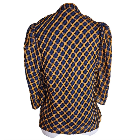 Eva Franco Anthropologie Textured Blue Yellow Plaid Blouse Size 2 Puff Sleeves - Picture 6 of 16